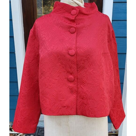 Acevog Woven Bright Red Floral Print Brocade Boxy Bolero Mandarin Collar Sz XXL - Picture 1 of 4